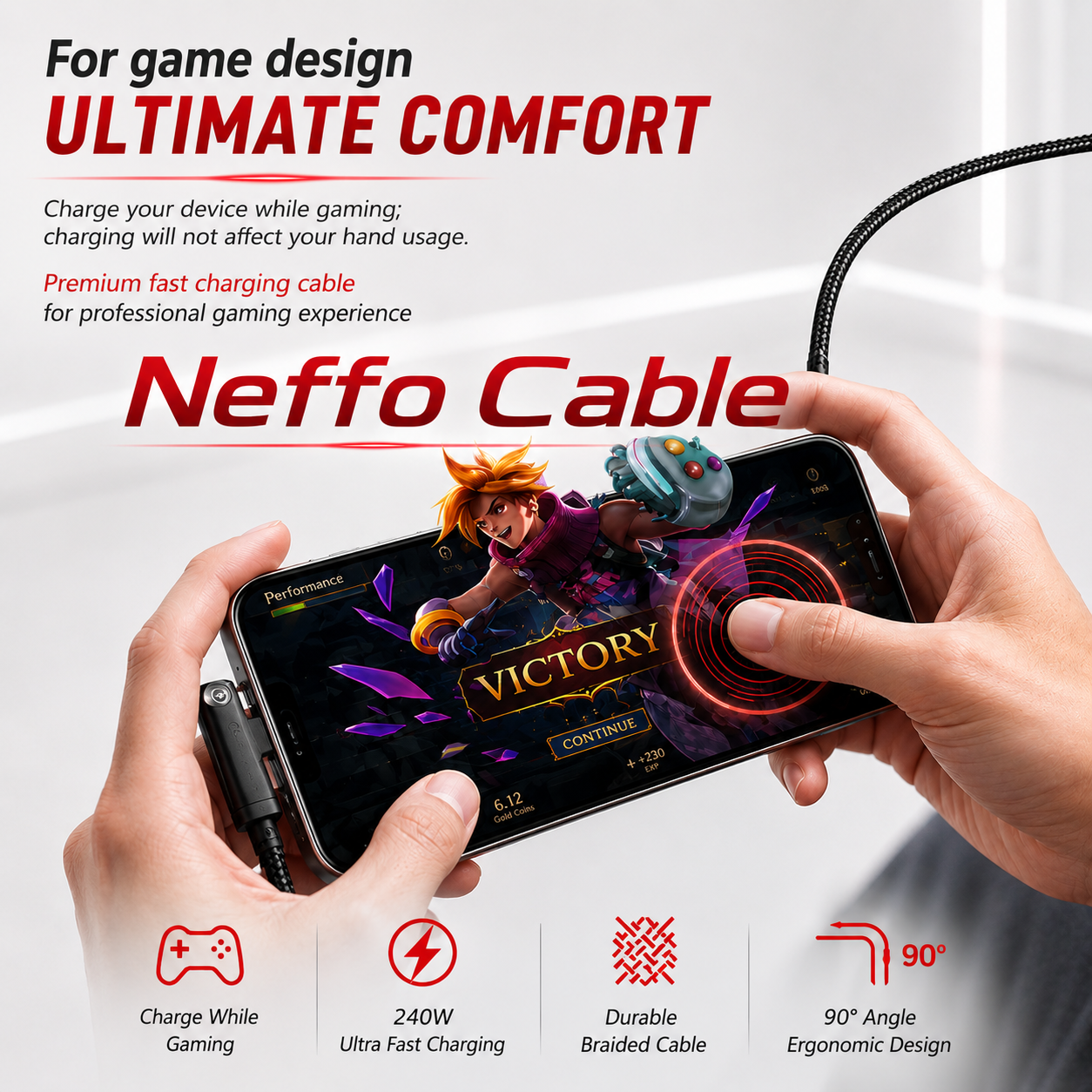 Neffo 240W Fast Charging & Data Cable | Foldable Stand, 90° Angled, Gaming-Friendly Type-C Cable