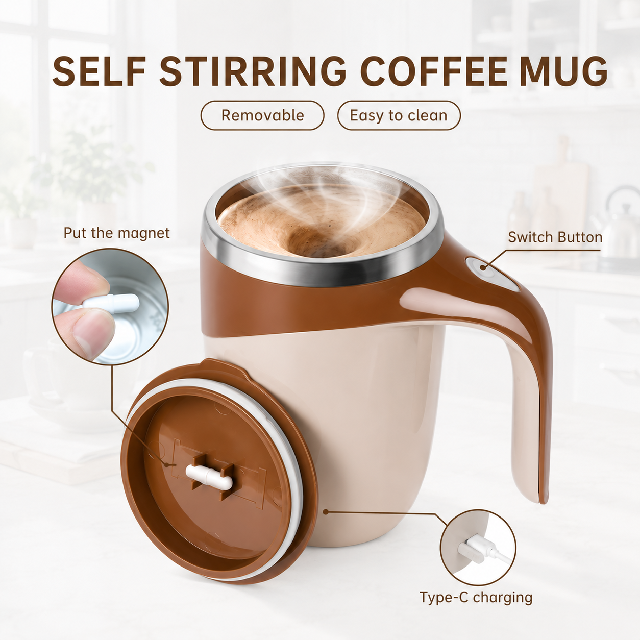 Self Stirring Coffee Mug – USB Rechargeable Automatic Mixing Cup with Magnetic Stirring Technology