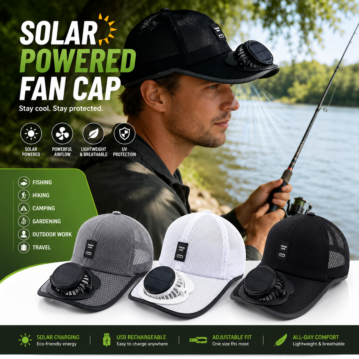 Solar Fan Hat™ – USB Rechargeable Cooling Cap with Built-In Mini Fan | UV Protection Outdoor Hat
