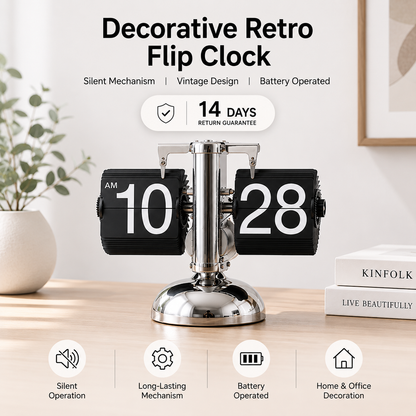 Retro Flip Desk Clock – Mechanical Flip Card, Metal Body, Silent Battery-Powered Decorative Clock