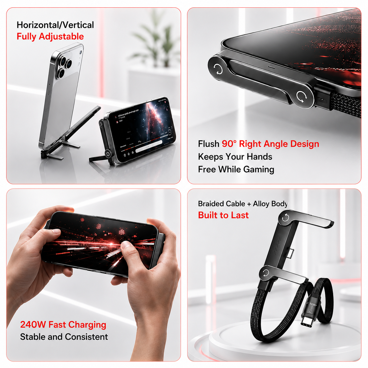 Neffo 240W Fast Charging & Data Cable | Foldable Stand, 90° Angled, Gaming-Friendly Type-C Cable