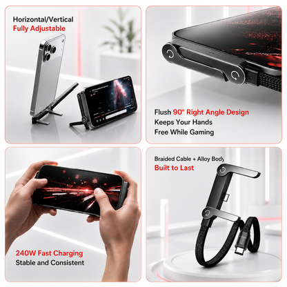 Neffo 240W Fast Charging & Data Cable | Foldable Stand, 90° Angled, Gaming-Friendly Type-C Cable