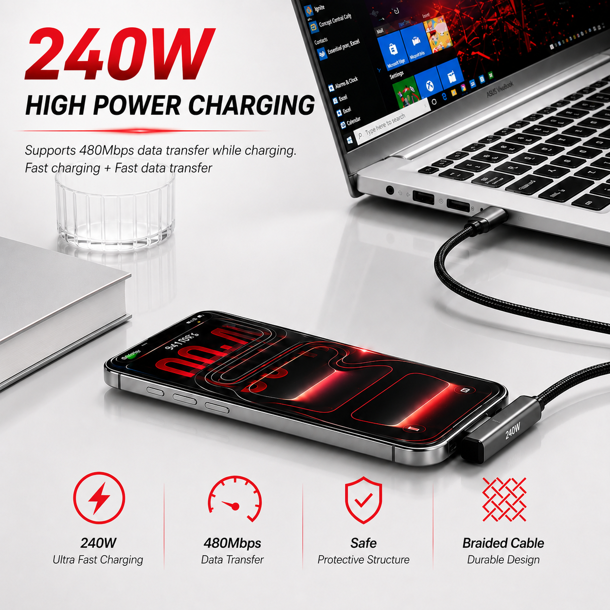 Neffo 240W Fast Charging & Data Cable | Foldable Stand, 90° Angled, Gaming-Friendly Type-C Cable
