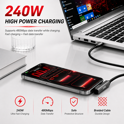 Neffo 240W Fast Charging & Data Cable | Foldable Stand, 90° Angled, Gaming-Friendly Type-C Cable
