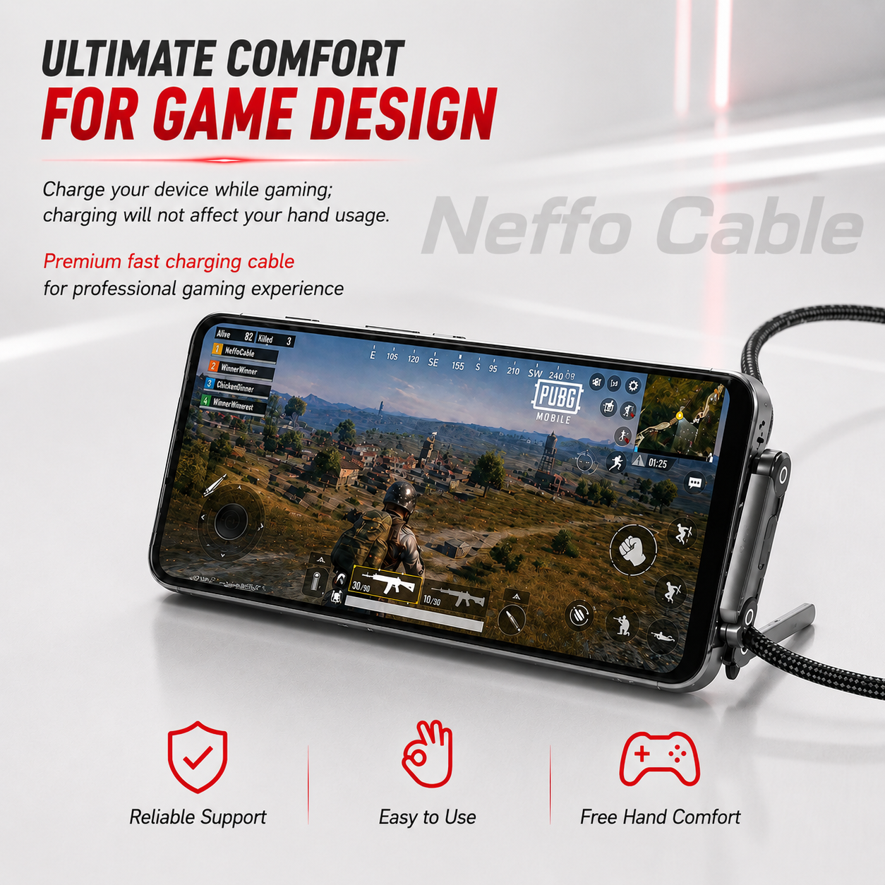 Neffo 240W Fast Charging & Data Cable | Foldable Stand, 90° Angled, Gaming-Friendly Type-C Cable