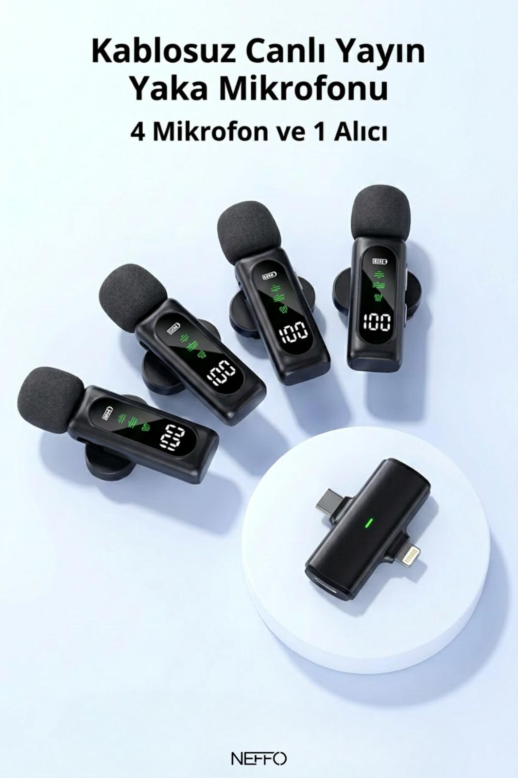 NEFFO T90 Kablosuz Yaka Mikrofonu Seti (4 Mikrofon + 1 Alıcı) – Type-C & Lightning Uyumlu, Canlı Yayın, Vlog, Röportaj Mikrofonu