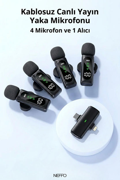 NEFFO T90 Kablosuz Yaka Mikrofonu Seti (4 Mikrofon + 1 Alıcı) – Type-C & Lightning Uyumlu, Canlı Yayın, Vlog, Röportaj Mikrofonu