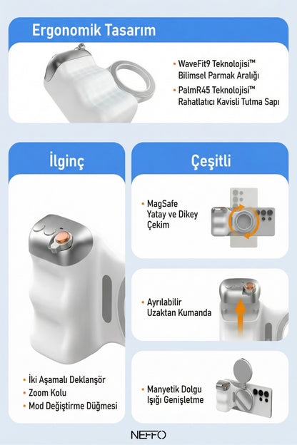MagSafe Selfie Çubuğu Kamera Kolu | LED Işıklı, Bluetooth Kumandalı, Profesyonel Çekim