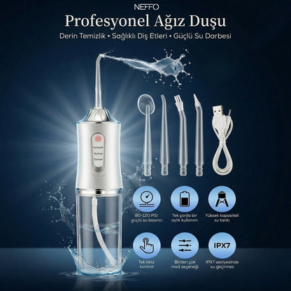 Şarjlı Ağız Duşu IPX7 – 3 Mod, 220ml Taşınabilir Diş Temizleyici
