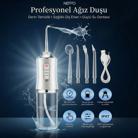 Şarjlı Ağız Duşu IPX7 – 3 Mod, 220ml Taşınabilir Diş Temizleyici