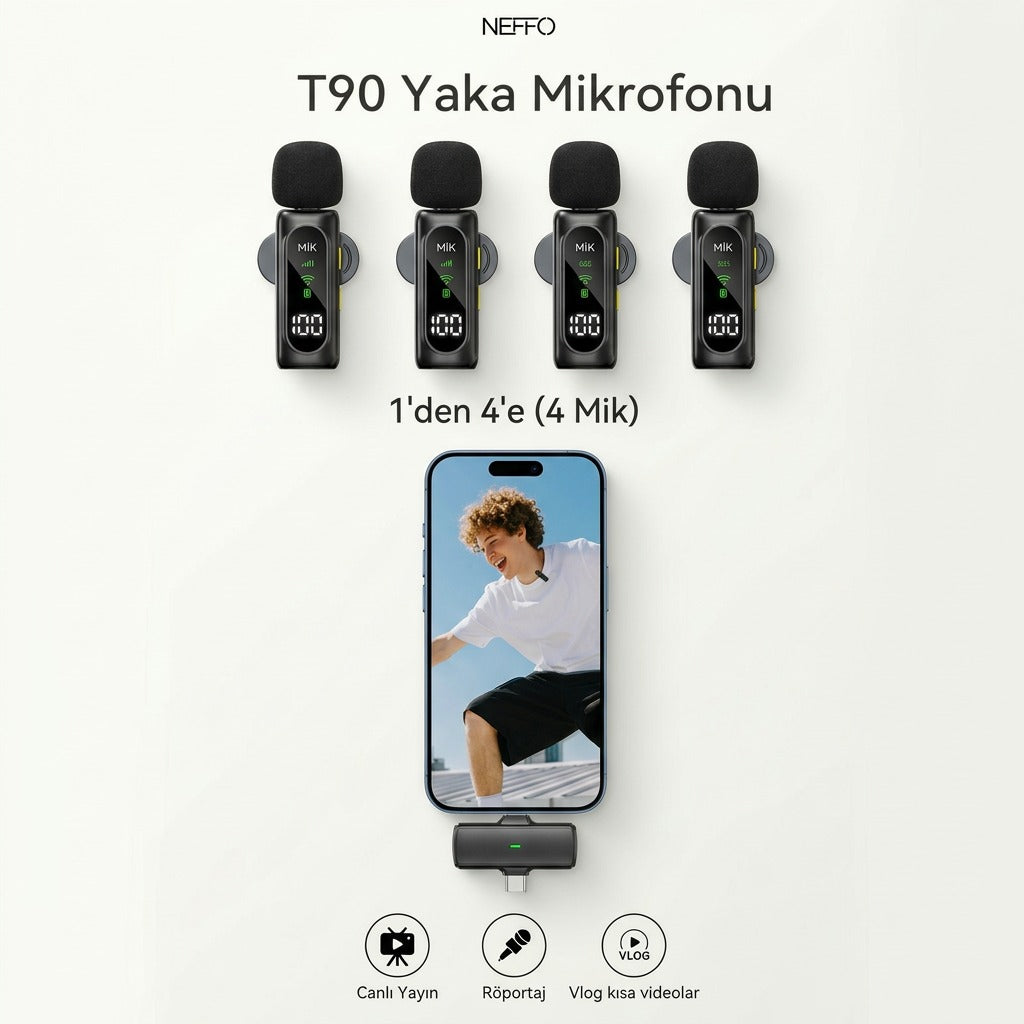 NEFFO T90 Kablosuz Yaka Mikrofonu Seti (4 Mikrofon + 1 Alıcı) – Type-C & Lightning Uyumlu, Canlı Yayın, Vlog, Röportaj Mikrofonu