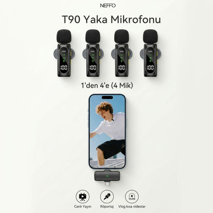 NEFFO T90 Kablosuz Yaka Mikrofonu Seti (4 Mikrofon + 1 Alıcı) – Type-C & Lightning Uyumlu, Canlı Yayın, Vlog, Röportaj Mikrofonu