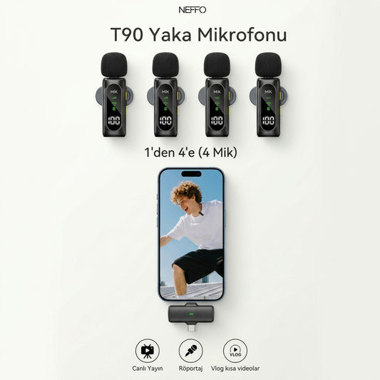 NEFFO T90 Kablosuz Yaka Mikrofonu Seti (4 Mikrofon + 1 Alıcı) – Type-C & Lightning Uyumlu, Canlı Yayın, Vlog, Röportaj Mikrofonu