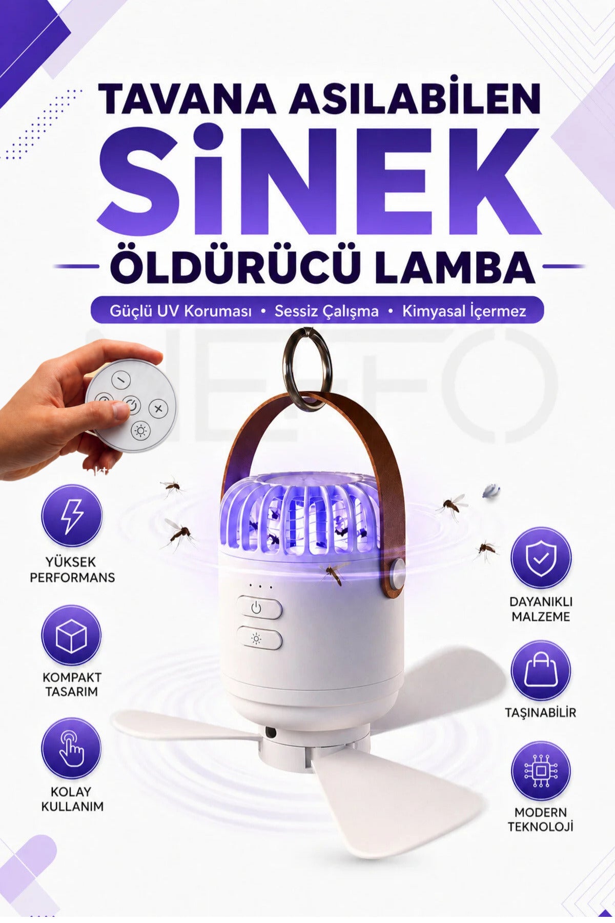 NEFFO Tavana Asılabilir Sinek Öldürücü Lamba Fanlı Uv Sivrisinek Kovucu LED Işıklı Şarjlı Taşınabilir Sessiz Kamp Lambası