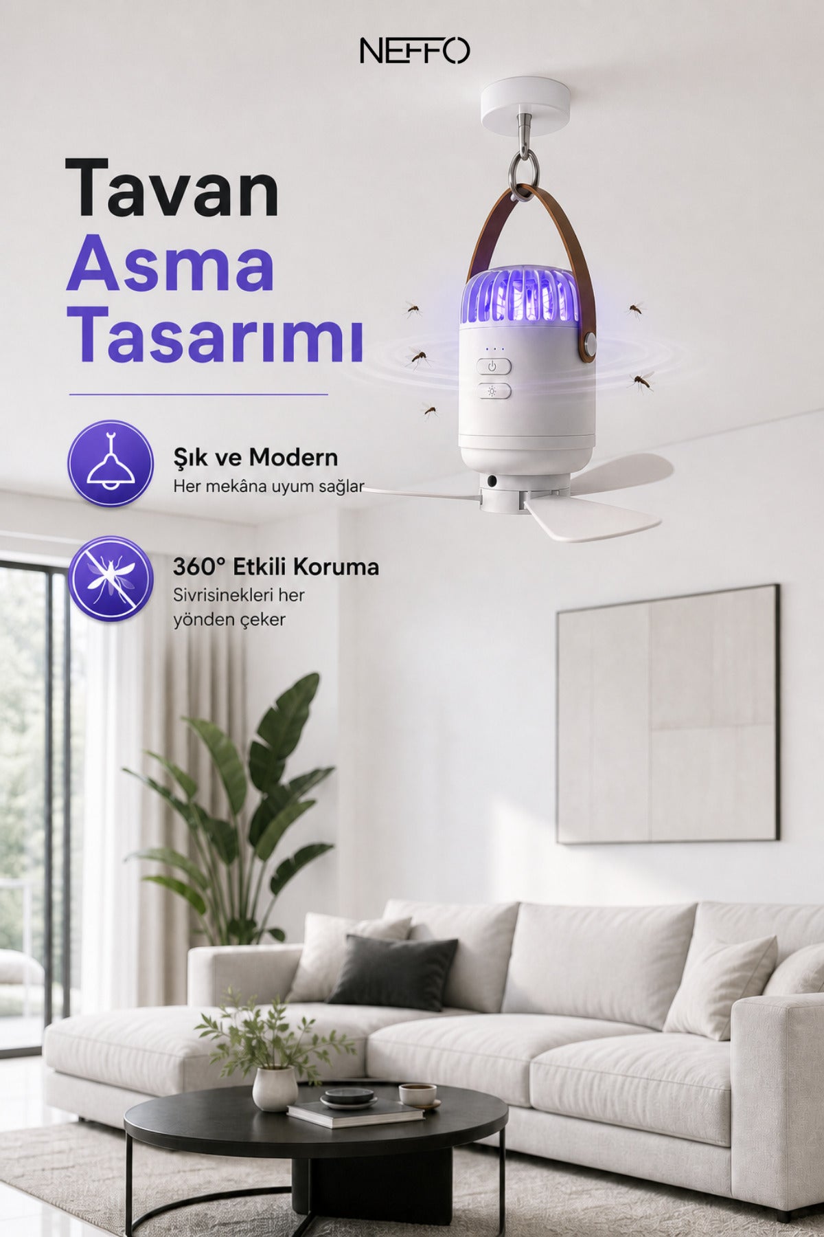 NEFFO Tavana Asılabilir Sinek Öldürücü Lamba Fanlı Uv Sivrisinek Kovucu LED Işıklı Şarjlı Taşınabilir Sessiz Kamp Lambası