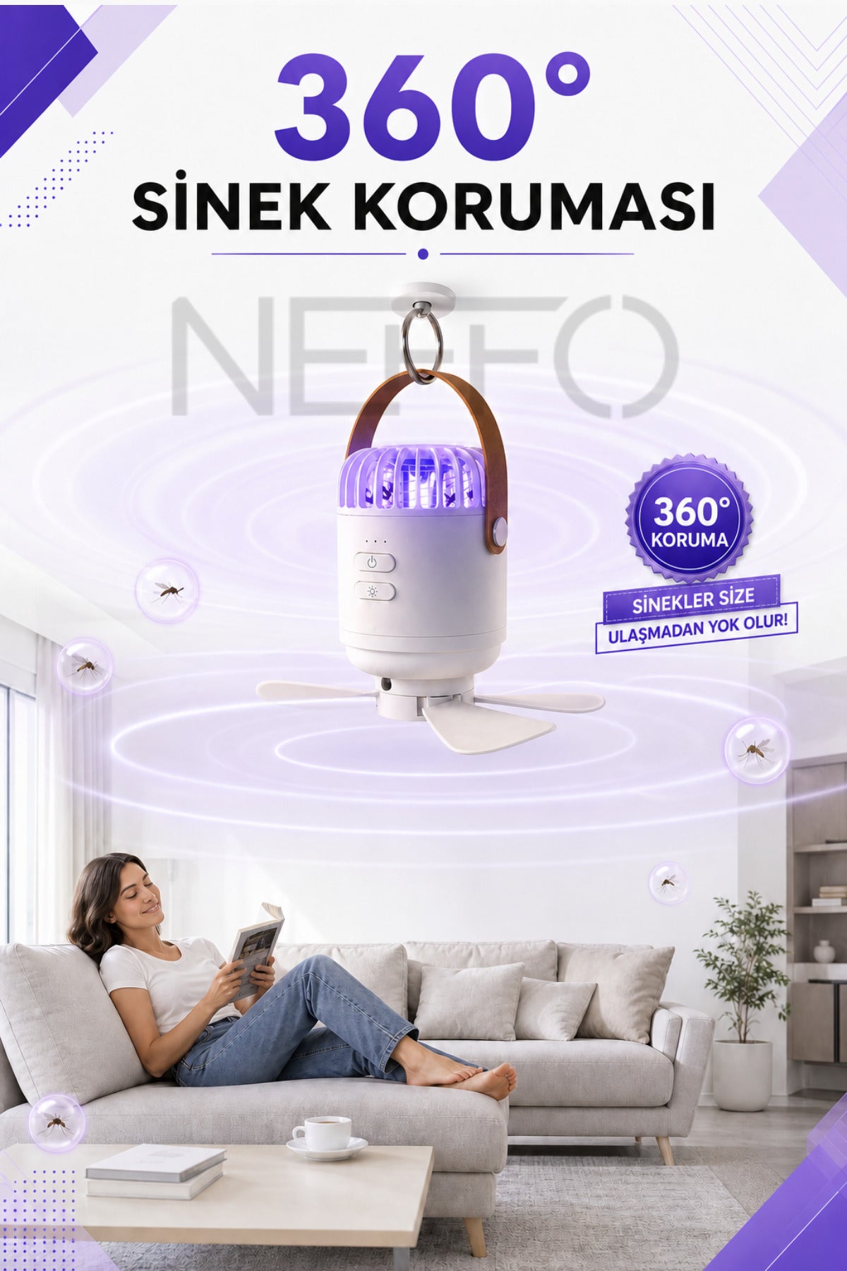NEFFO Tavana Asılabilir Sinek Öldürücü Lamba Fanlı Uv Sivrisinek Kovucu LED Işıklı Şarjlı Taşınabilir Sessiz Kamp Lambası